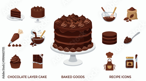 Chocolate layer cake icons with baking ingredients and professional pastry tools on white background, concept for bakery menu design, patisserie interface and culinary recipe illustration