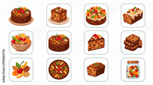 Various colorful fruit cake icons set with slices, dried fruits, nuts and toppings on white background, concept for holiday bakery menu, christmas dessert promotion and culinary website design