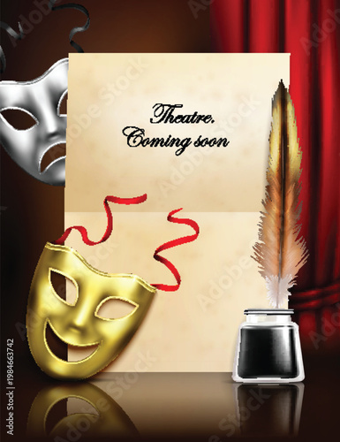 Vector illustration of gold comedy mask and silver tragedy vector