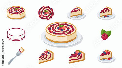 Collection of strawberry and blueberry cheesecake slices and whole cakes with berry jam topping on white background, concept for bakery menu, dessert advertisement and food recipe blog