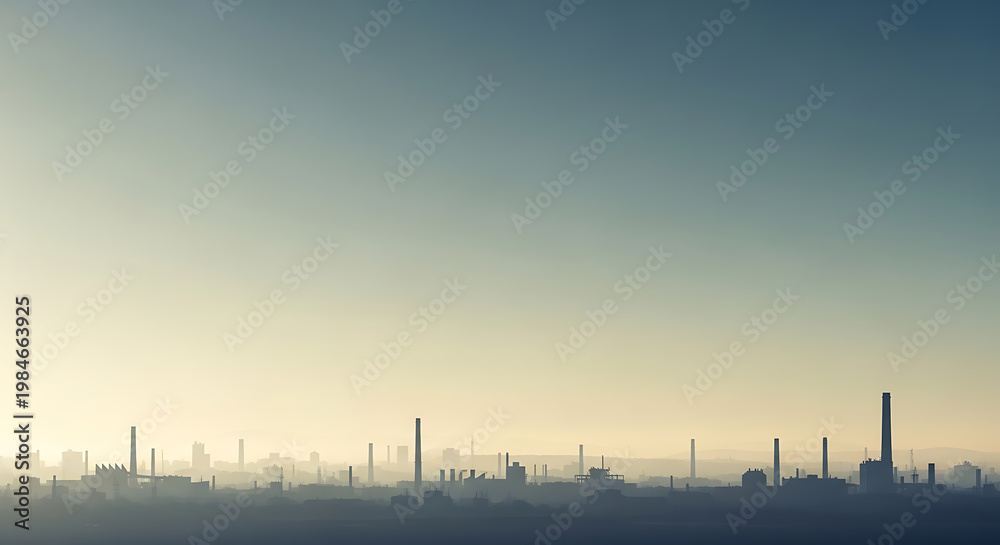 Fototapeta premium Industrial skyline shrouded in atmospheric haze under a pale blue sky, showcasing a vast array of smokestacks and factory structures.