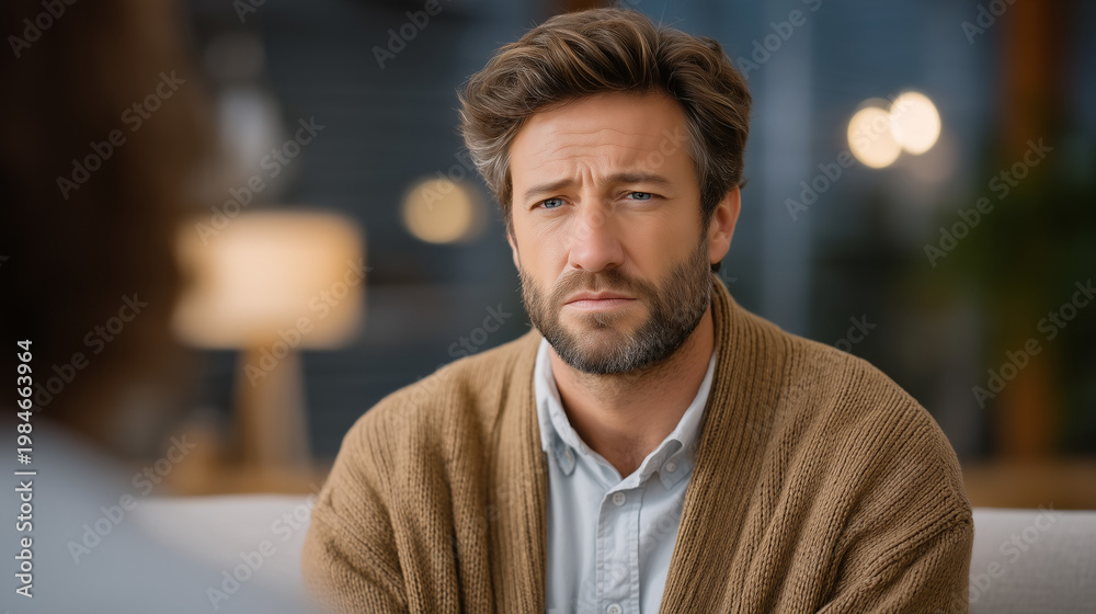 Obraz premium Chaplain mediates family counseling session in comfortable office setting, professional intervention supports relationship healing after deployment stress, perfect for reintegration support wellness