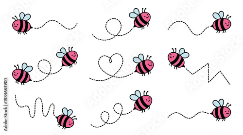 Set of cute pink cartoon bees flying with various dotted line flight paths on white background, concept for children nursery decor, spring seasonal greeting cards and educational school materials