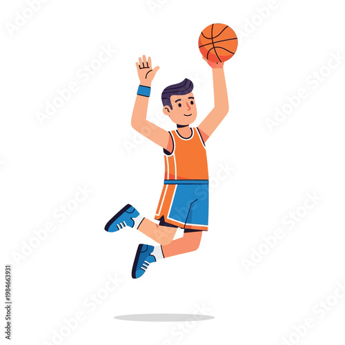 Young Man Playing Basketball, Jumping with Ball, Sports Action Illustration
