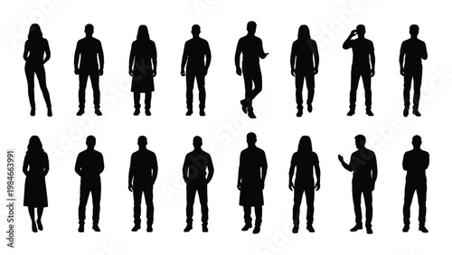 A collection of diverse black silhouettes depicting people in various casual standing poses high quality professional