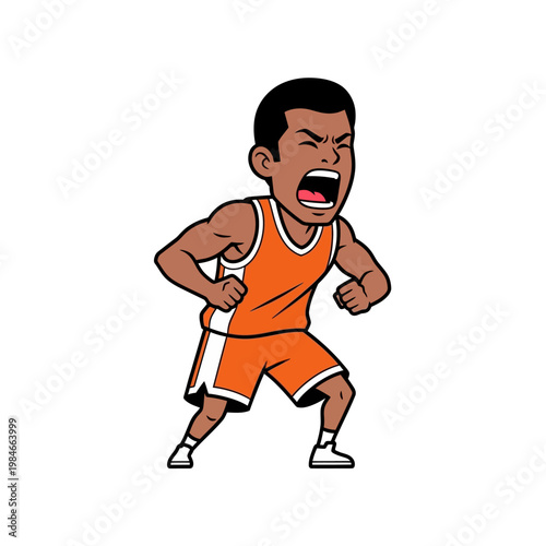 Angry Basketball Player Yelling, Aggressive Athlete with Orange Uniform, Cartoon Style