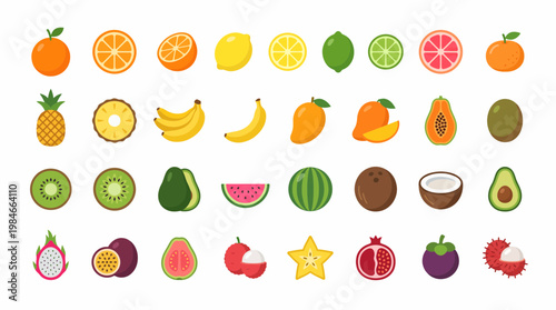 Collection of flat colorful fruit icons featuring tropical and citrus varieties on white background, concept for grocery marketing, educational graphics and healthy nutrition apps