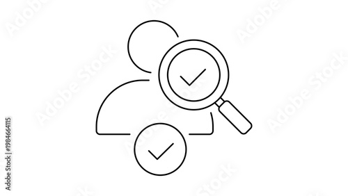 Minimalist black line vector icon illustration of a person silhouette with a magnifying glass and checkmark symbols, representing background checks, identity verification, and vetting processes.