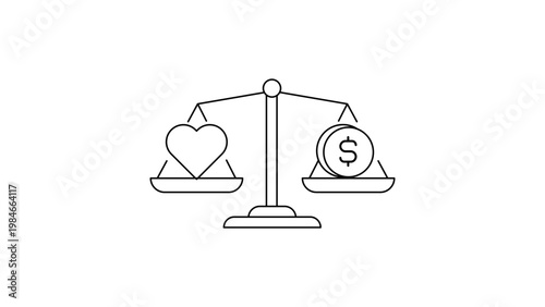 Minimalist black line vector icon illustration of a balance scale with a heart and dollar coin, symbolizing business ethics, work-life balance, social responsibility, and moral integrity.