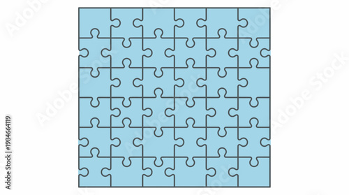 Completed light blue jigsaw puzzle grid with dark outlines isolated on white background, concept for strategic business planning, logical problem solving and team collaboration success