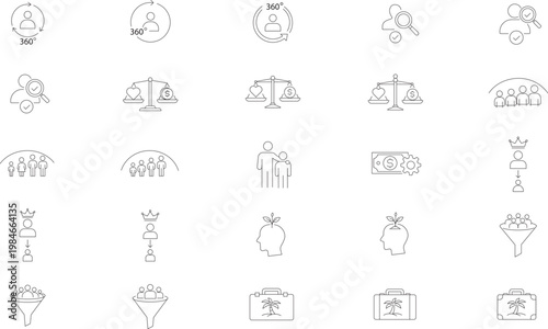 Vector Icon Set of 25 Hand-Traced Minimalist Black Line Icons for Business, HR, Recruitment, Ethics, Diversity, Leadership, Growth, Payroll, and Travel. Professional Outline Graphic Collection.