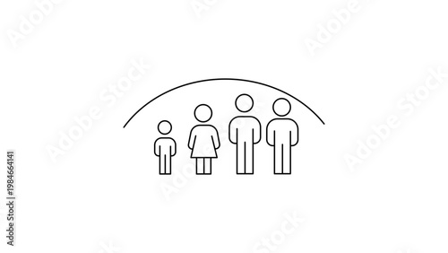 Minimalist black line vector icon illustration of a diverse family or group of people under a protective arc, representing inclusion, social support, insurance, and community on white background.