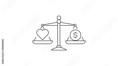 Business ethics vector icon illustration featuring a minimalist black line drawing of a balanced scale with a heart and a dollar sign, representing the balance between profit and social values.