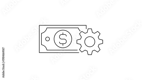 Payroll Processing and Financial Management Vector Icon Illustration. Minimalist black line art design featuring a dollar bill banknote and gear cog representing money automation and business.