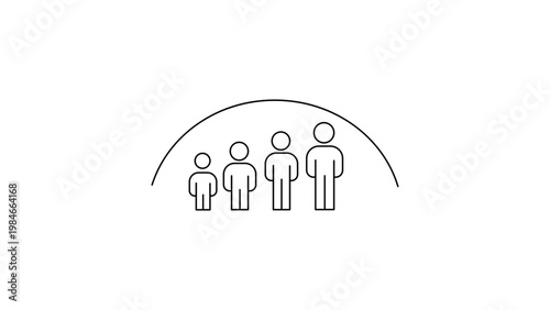 Minimalist black line vector icon of four human figures of varying heights under a protective arc, representing diversity hiring, inclusion, growth, and community on a white background.
