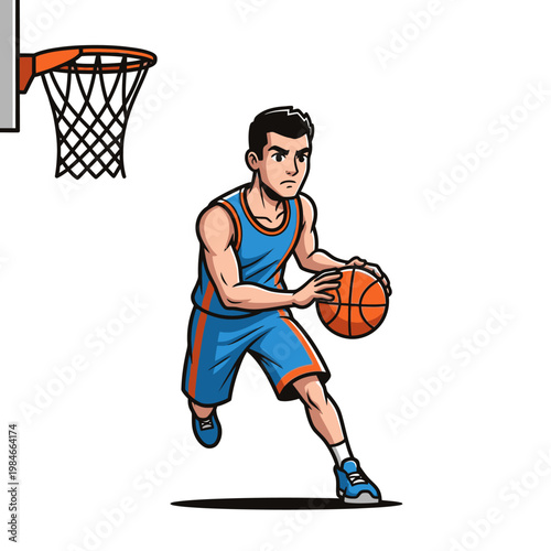 Basketball Player Dribbling Ball Near Hoop - Cartoon Style