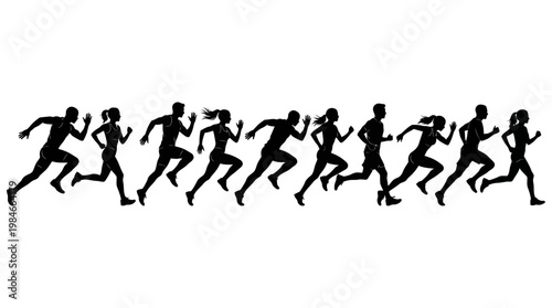 Black silhouettes of male executives and female department managers running in a marathon race competition, concept for business leadership, career development and professional growth