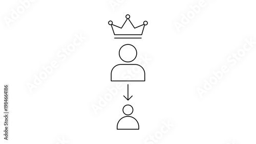 Succession planning vector icon illustration featuring a minimalist black line outline of a crown above a leader with a downward arrow pointing to a successor on a clean white background.