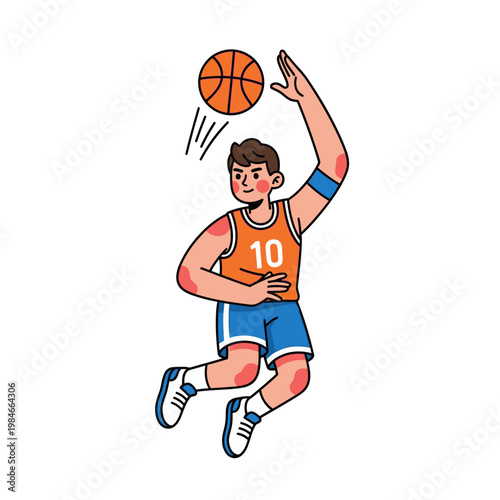 Basketball Player Jumping and Shooting Ball, Cartoon Style
