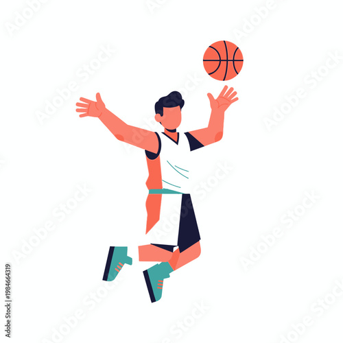 Basketball Player Jumping Mid-Air with Ball, Dynamic Sports Illustration