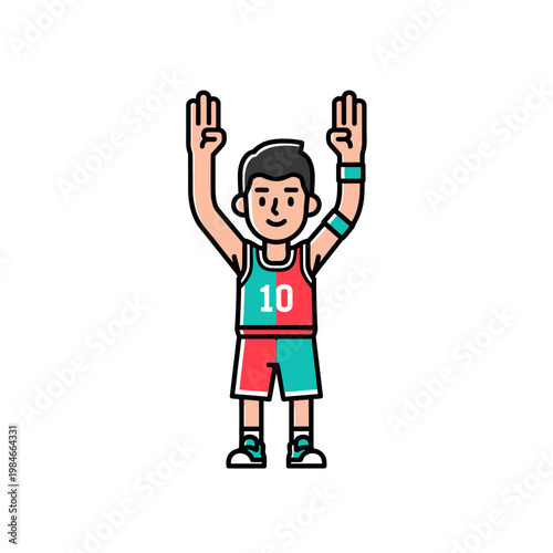 Basketball Player Number 10 Raising Hands Up Victory Celebration Cartoon Character