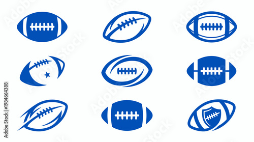 Set of nine blue American football ball icons and sports logo silhouettes isolated on white background, concept for athletic branding, team identity and tournament advertising