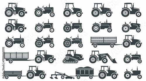collection of various black tractor silhouettes with farm trailers and plows on white background, concept for agricultural marketing, equipment catalog and industrial branding