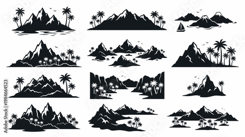 Collection of black and white tropical island mountain silhouettes with palm trees and ocean, concept for travel agency logo, summer vacation branding and outdoor landscape illustration