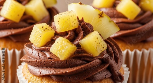 A delectable chocolate cupcake adorned with fresh pineapple chunks and a sprinkle of cinnamon, set against a backdrop of a cozy kitchen setting.