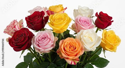 A vibrant bouquet of roses in various colors, including red, pink, yellow, and white, arranged in a bouquet with green leaves.