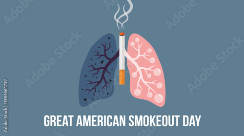 Illustration of damaged vs healthy lungs with a lit cigarette for Great American Smokeout Day, promoting smoking cessation and awareness