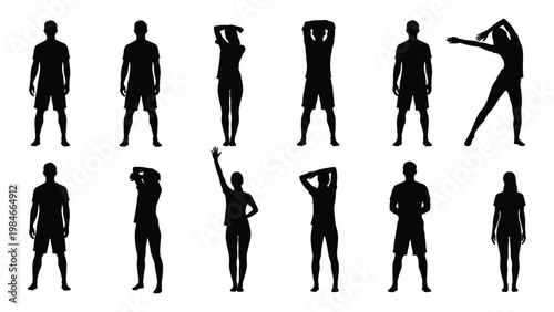Silhouette series depicting various yoga poses and stretching exercises performed by men and women high quality