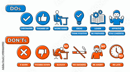 Office etiquette DOs and DON'Ts icons set for professional office managers and clerks, concept for corporate employee handbook, workplace behavior training and professional business guidelines