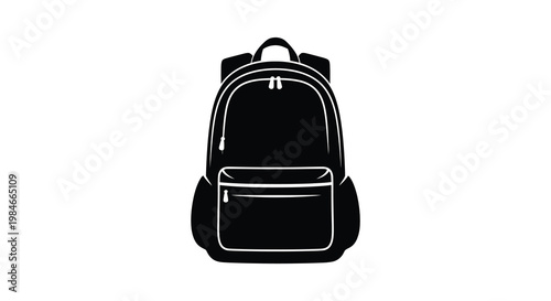 A black backpack is prominently displayed against a stark white background silhouette