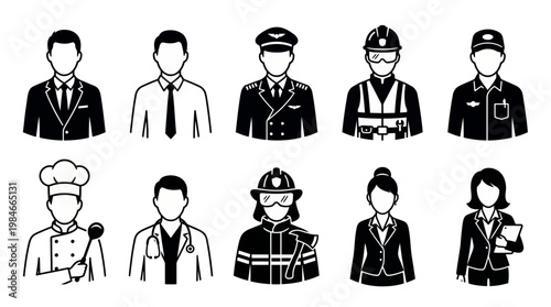 set of professional avatar line icons representing diverse occupations like ceo pilot doctor chef and firefighter, concept for recruitment website, career portal and staffing interface