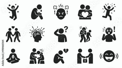 Set of black human emotion silhouette icons for human resources managers and office workers, concept for corporate mental health, employee wellbeing and psychological therapy sessions