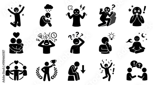 Diverse stick figure icons showing emotions of project managers and office executives in a corporate workplace, concept for mental health awareness, career coaching and employee behavior