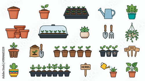 Collection of gardening icons featuring potted plants seedlings greenhouse trays watering cans and planting tools on white background, concept for agriculture education, garden blog and nursery