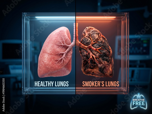 healthy vs damaged lungs comparison smoking and disease concept on dark background