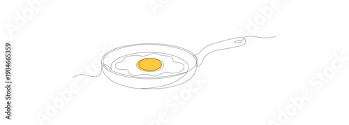 A minimalist continuous line drawing depicts a snake formed from a frying pan and a fried egg.