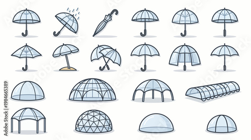 Collection of transparent umbrella icons and dome structure illustrations in minimalist line art style on white background, concept for weather protection, architecture design and outdoor equipment