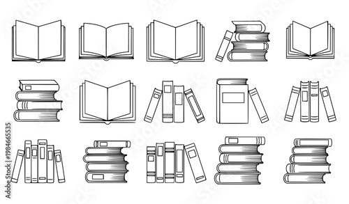 Book collection vector black white open closed stack education icons
