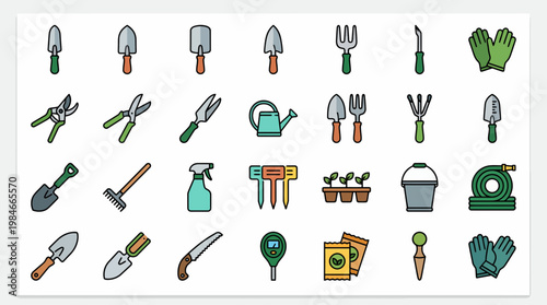 Set of colorful gardening tool icons including shovels rakes watering can shears and gloves on white background, concept for garden maintenance service horticulture and agriculture branding