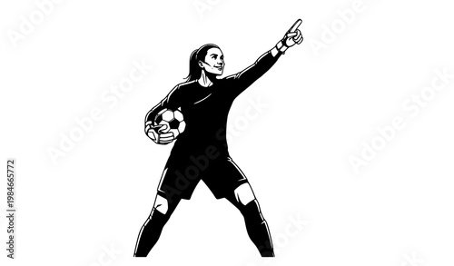 Female soccer goalkeeper vector holding ball pointing up sports action