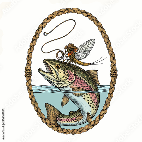 vector illustration of a cowboy mayfly riding a rainbow trout within a rope frame