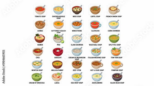 Collection of thirty colorful soup bowl icons with text labels on white background, concept for restaurant menu design, culinary blog infographics and food delivery app interface