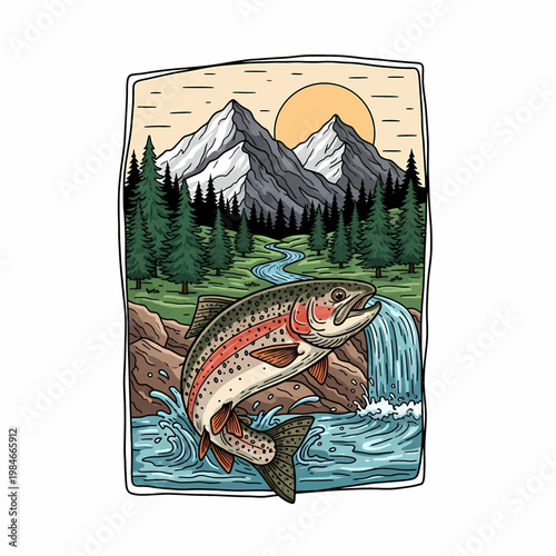 Rainbow trout jumping in mountain river scenery vector illustration