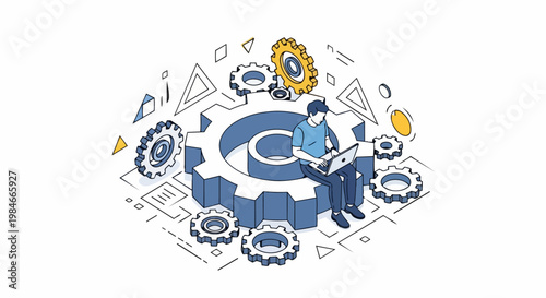 Software Engineer Sitting on Large Cogwheel Working on Laptop Isometric Illustration for Technology, System Automation, and Workflow Management Concepts