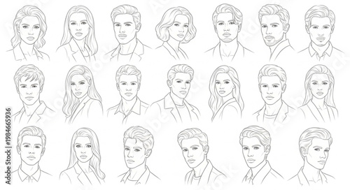 Collection of Diverse Hand Drawn Portraits Sketch Style.