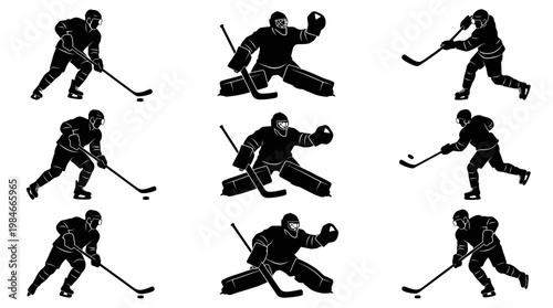 Ice hockey player silhouettes performing various sports actions and goalie stances, concept for executive leadership, corporate director and professional business competition